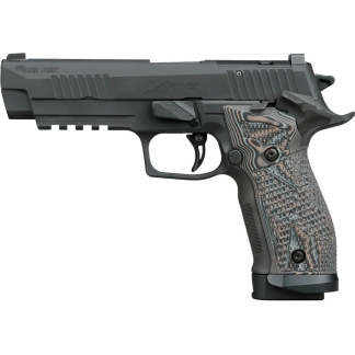 Side view of a SIG Sauer X-Five P226 semi-automatic pistol with a gray slide and patterned, textured grip