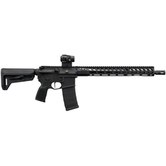 Black AR-style rifle with a collapsible stock, long rail handguard, and a mounted red-dot sight.