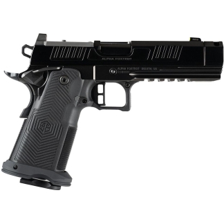 Side view of a black semi-automatic pistol with textured grip and extended magazine baseplate visible.