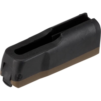 Black pistol magazine with a brown baseplate, shown at an angled side view.