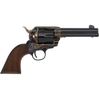 Six-shot revolver with a brown checkered grip and long black barrel, facing to the right