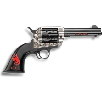 Decorative black revolver with silver engravings, red '1910' mark on the grip and 'LET 'ER BUCK' on the barrel.