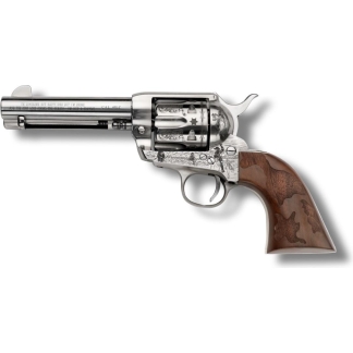 Ornately engraved silver revolver with a carved wooden grip, shown against a white background.