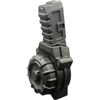 Close-up of a rugged black rotary control with a large knurled knob and tall rectangular grip, likely an industrial adjustment device