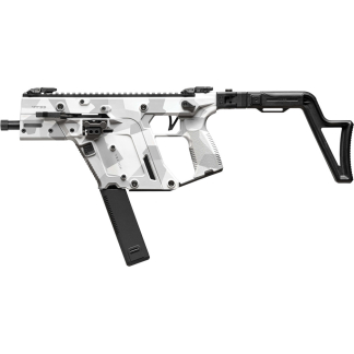 Modern-looking white camouflage compact rifle with a long, curved magazine and a folding stock extending to the right.