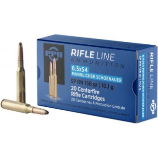 Blue Rifle Line ammunition box labeled 6.5x54 Mannlicher-Schoenauer with two rifle cartridges beside it.