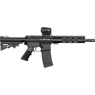 Black modern assault rifle in profile with scope, rail foregrip, and curved magazine