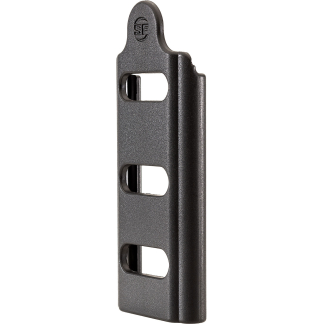 Close-up of a dark gray slotted metal rail with three rectangular holes and a rounded top bearing an SF logo.