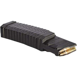 Black firearm magazine loaded with two visible rounds at the feed lips.