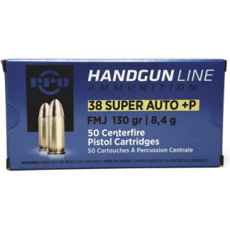 PPU .38 SUPER AUTO FMJ 130GR+P 50RD BOX 10 BOXES PER CASE