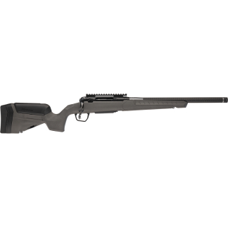 Bolt-action rifle with gray synthetic stock and long black barrel shown in profile on a white background