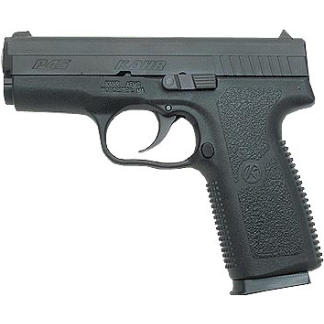 Side view of a black semi-automatic pistol with a textured grip on a white background.