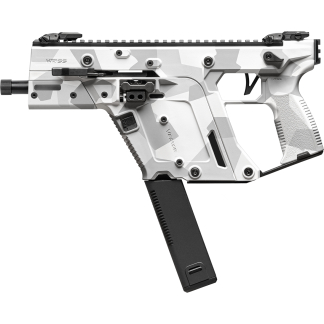 Futuristic white camouflage submachine gun with a downward magazine and top rail, shown in profile.