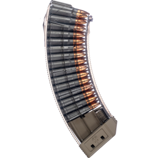 Close-up of a handgun magazine loaded with copper bullets