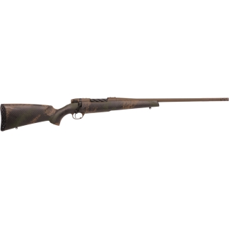 Camouflage-pattern bolt-action rifle with a long brown barrel and textured stock, viewed from the side.