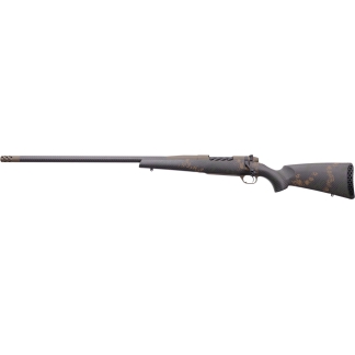 Long camouflage-pattern sniper rifle shown in profile with a perforated muzzle brake against a white background.