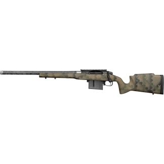 Camouflage-pattern hunting rifle with a long barrel on a white backgroundreader side view with a detachable magazine in the middle.