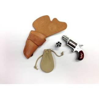 Toy cap gun with a brown wooden grip, a silver barrel, and a small round cap cylinder, accompanied by a tan leather holster and a beige drawstring pouch on a white background.