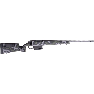 Bolt-action rifle with gray-green camouflage laid horizontally on a white background digitially clean.
