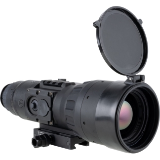 Black matte rifle scope with lens cap flipped up, showing front optic and mounting rail beneath