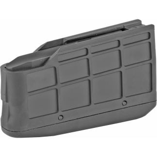Detachable black rifle magazine shown at an angle with a grid-like pattern on the sides, used to hold ammunition