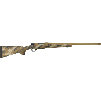 Desert camouflage bolt-action rifle with a long barrel and rubber recoil pad on the stock.