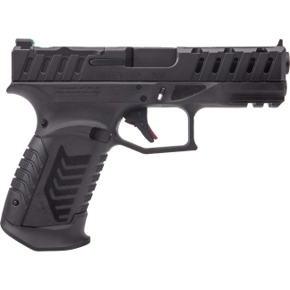 Left-side view of a black 9mm semi-automatic pistol with a textured grip and serrated slide
