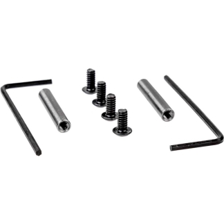 Hardware kit including four black screws with washers, two cylindrical spacers, and two hex keys (Allen wrenches).